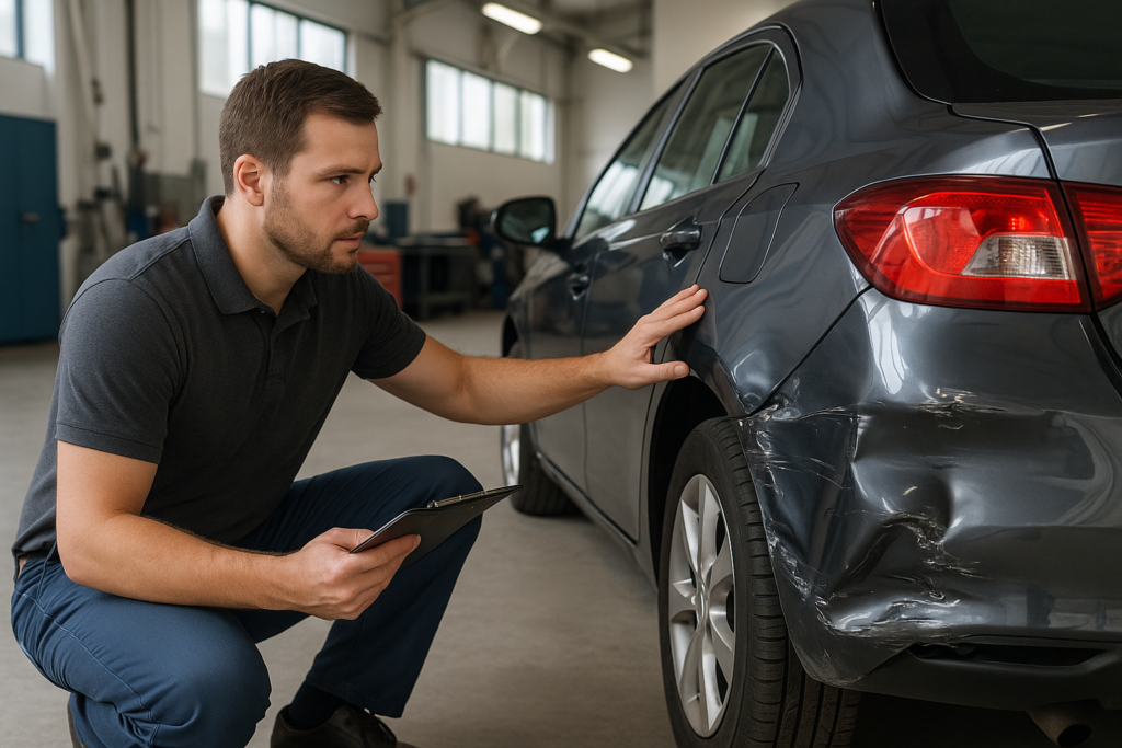 Profissional verificando a lataria do carro